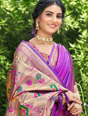 violet banarasi silk blend saree with golden zari woven border 2
