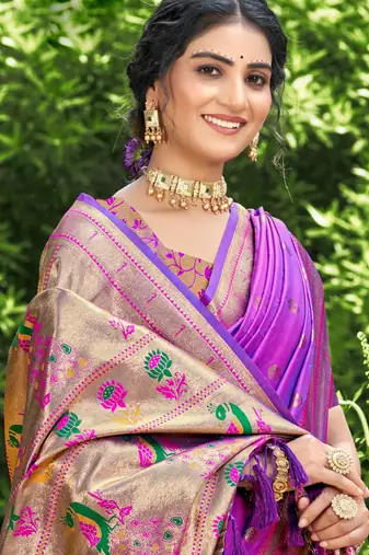 violet banarasi silk blend saree with golden zari woven border