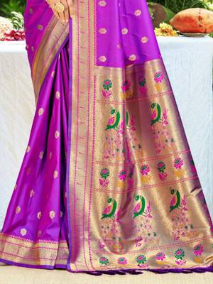 violet banarasi silk blend saree with golden zari woven border 3