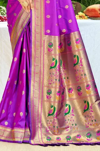 violet banarasi silk blend saree with golden zari woven border