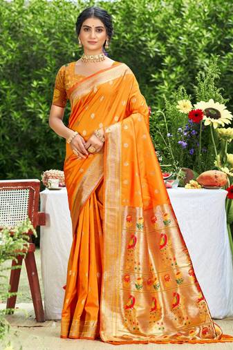 Graceful orange banarasi silk blend saree with golden zari woven border & floral jaal – wedding & festive wear