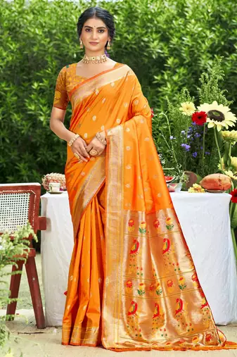 Graceful orange banarasi silk blend saree with golden zari woven border & floral jaal – wedding & festive wear