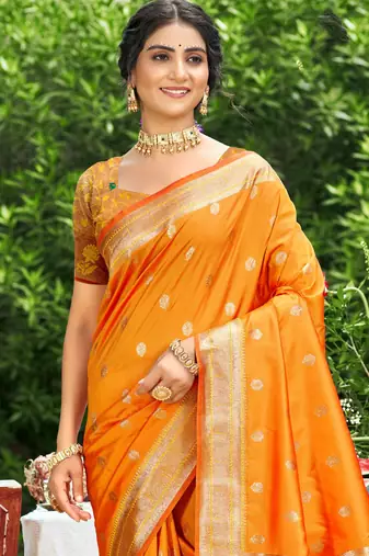 orange banarasi silk blend saree with golden zari woven border