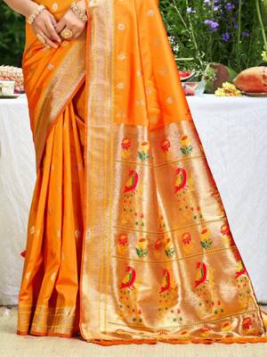 orange banarasi silk blend saree with golden zari woven border 3