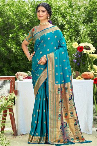 Graceful yellow banarasi silk blend saree with golden zari woven border & floral jaal     wedding & festive wear