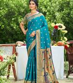 Graceful yellow banarasi silk blend saree with golden zari woven border & floral jaal     wedding & festive wear