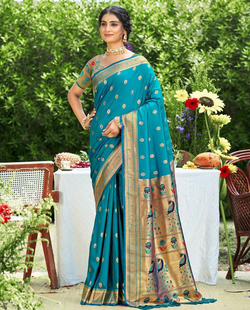 Graceful yellow banarasi silk blend saree with golden zari woven border & floral jaal     wedding & festive wear