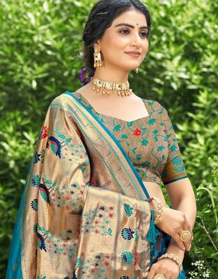 yellow banarasi silk blend saree with golden zari woven border 2