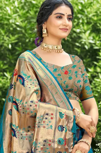 yellow banarasi silk blend saree with golden zari woven border