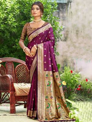 yellow banarasi silk blend saree with golden zari woven border 1