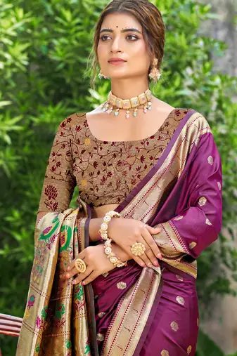 yellow banarasi silk blend saree with golden zari woven border