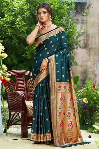 Graceful yellow banarasi silk blend saree with golden zari woven border & floral jaal – wedding & festive wear