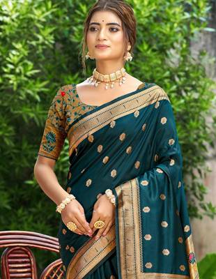 yellow banarasi silk blend saree with golden zari woven border 2