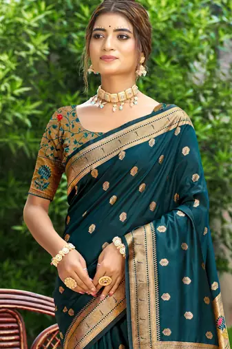 yellow banarasi silk blend saree with golden zari woven border