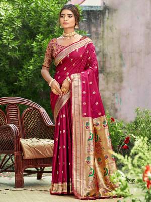 yellow banarasi silk blend saree with golden zari woven border 1