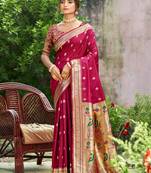 Graceful yellow banarasi silk blend saree with golden zari woven border & floral jaal     wedding & festive wear