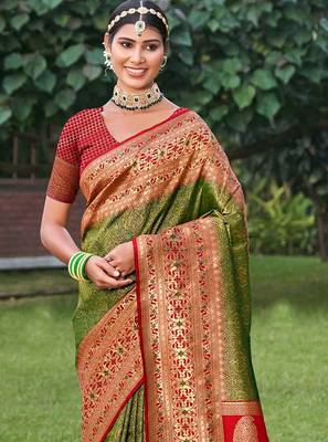 Majestic mhendi green kanjivaram silk blend saree  2