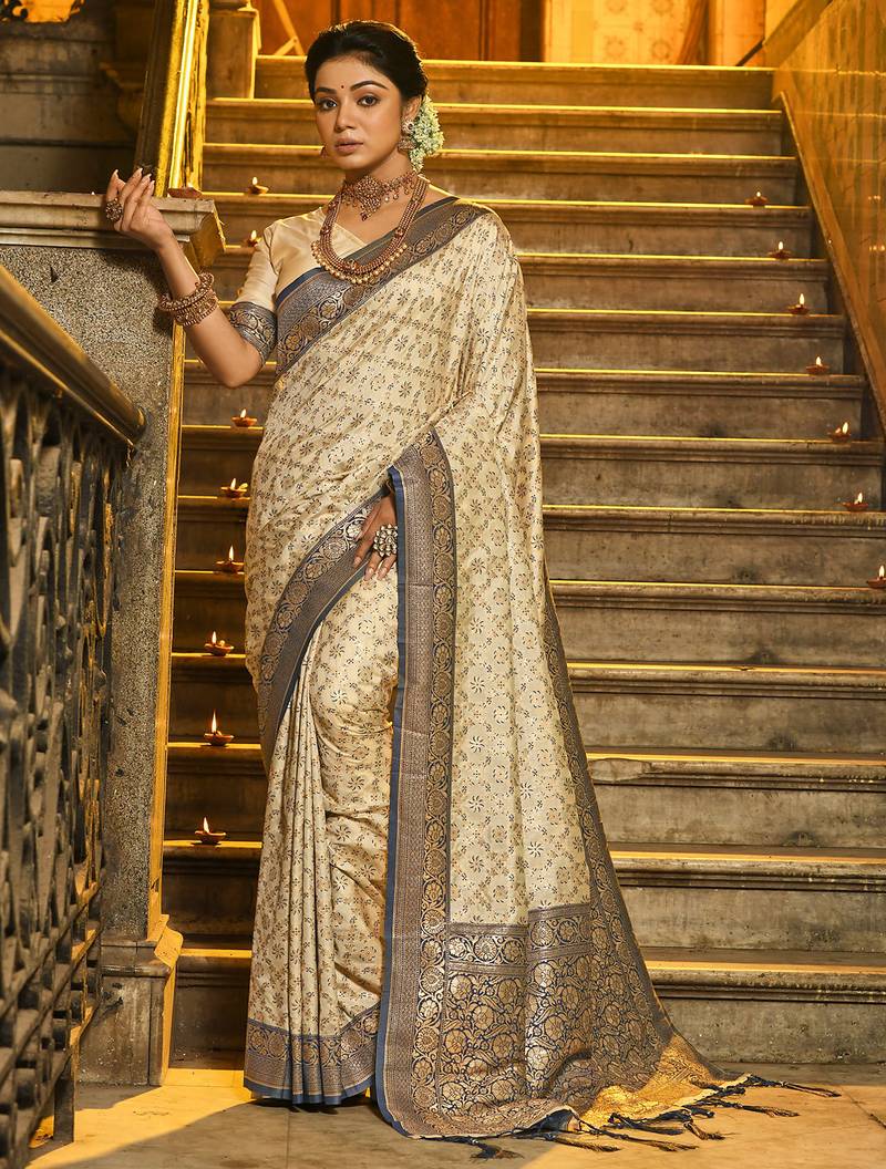 Ivory and navy blue banarasi silk blend saree with golden zari – regal elegance for timeless celebrations