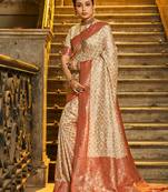 Ivory and red banarasi silk blend saree with golden zari – regal elegance for timeless celebrations