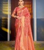 Graceful peach banarasi silk blend saree with golden zari woven border & floral jaal – wedding & festive wear