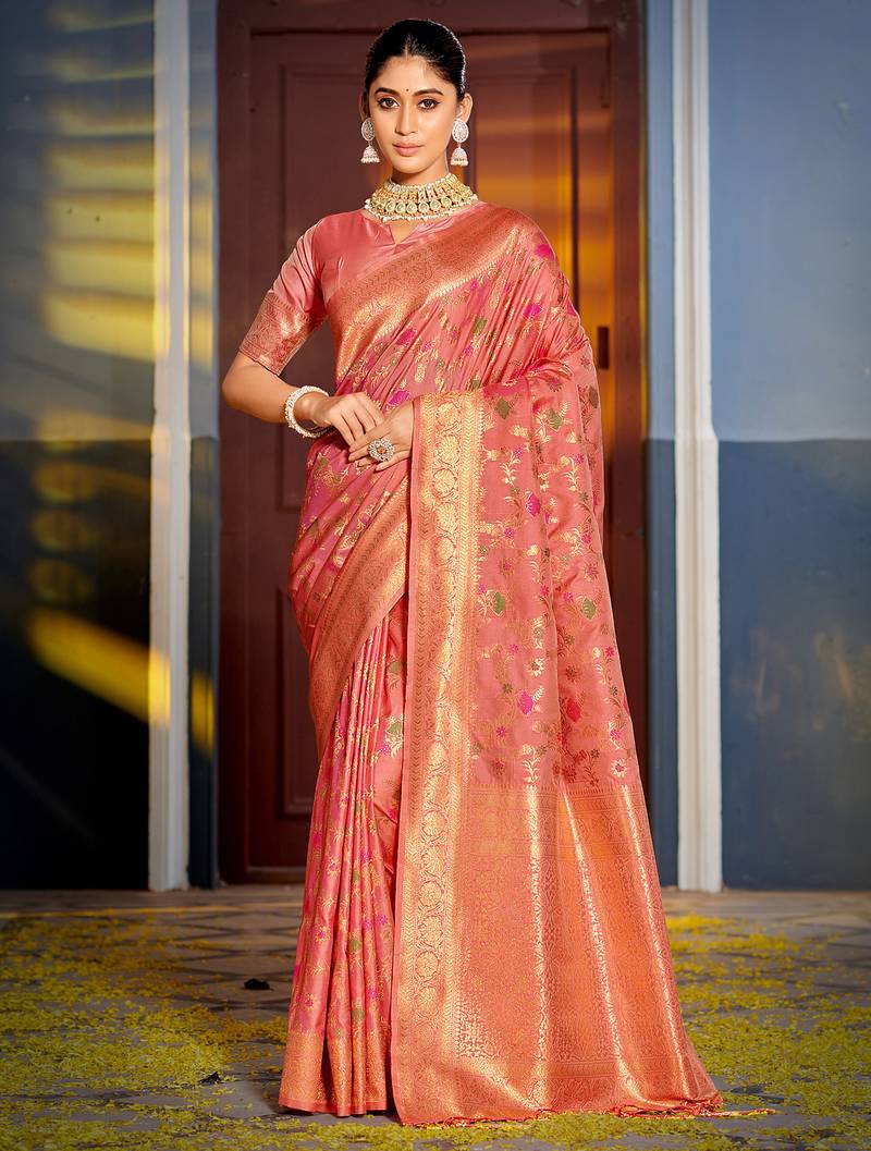 Graceful peach banarasi silk blend saree with golden zari woven border & floral jaal – wedding & festive wear