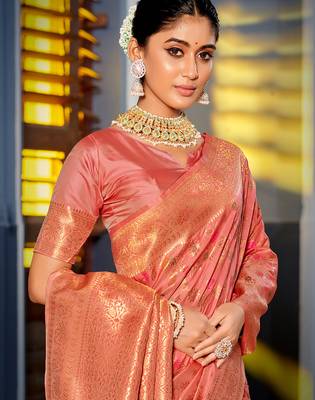 peach banarasi silk blend saree with golden zari woven border 2