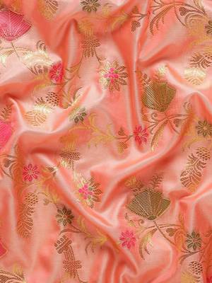 peach banarasi silk blend saree with golden zari woven border 5