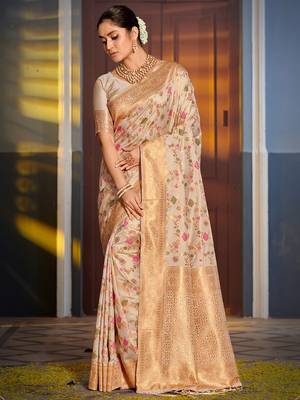 white banarasi silk blend saree with golden zari woven border 1