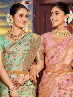 sea green banarasi silk blend saree with golden zari woven border 2