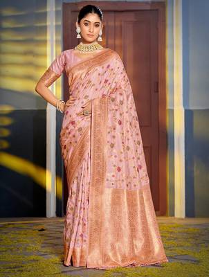 pink banarasi silk blend saree with golden zari woven border 1