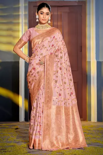 Graceful pink banarasi silk blend saree with golden zari woven border & floral jaal     wedding & festive wear