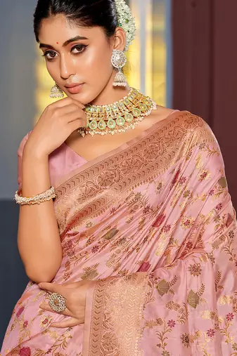 Graceful pink banarasi silk blend saree with golden zari woven border & floral jaal     wedding & festive wear