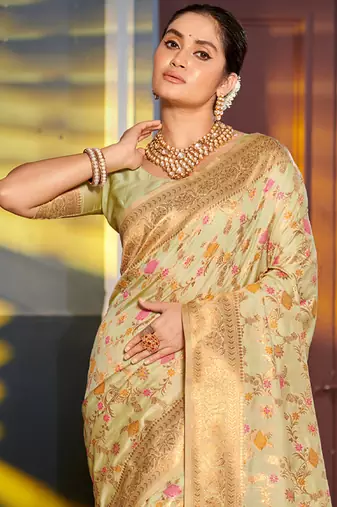 Graceful light green banarasi silk blend saree with golden zari woven border & floral jaal     wedding & festive wear