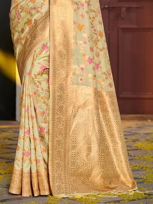 light green banarasi silk blend saree with golden zari woven border 3