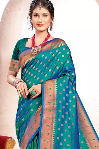 Sea green kanjivaram silk blend saree with golden zari and colorful peacock woven pallu design