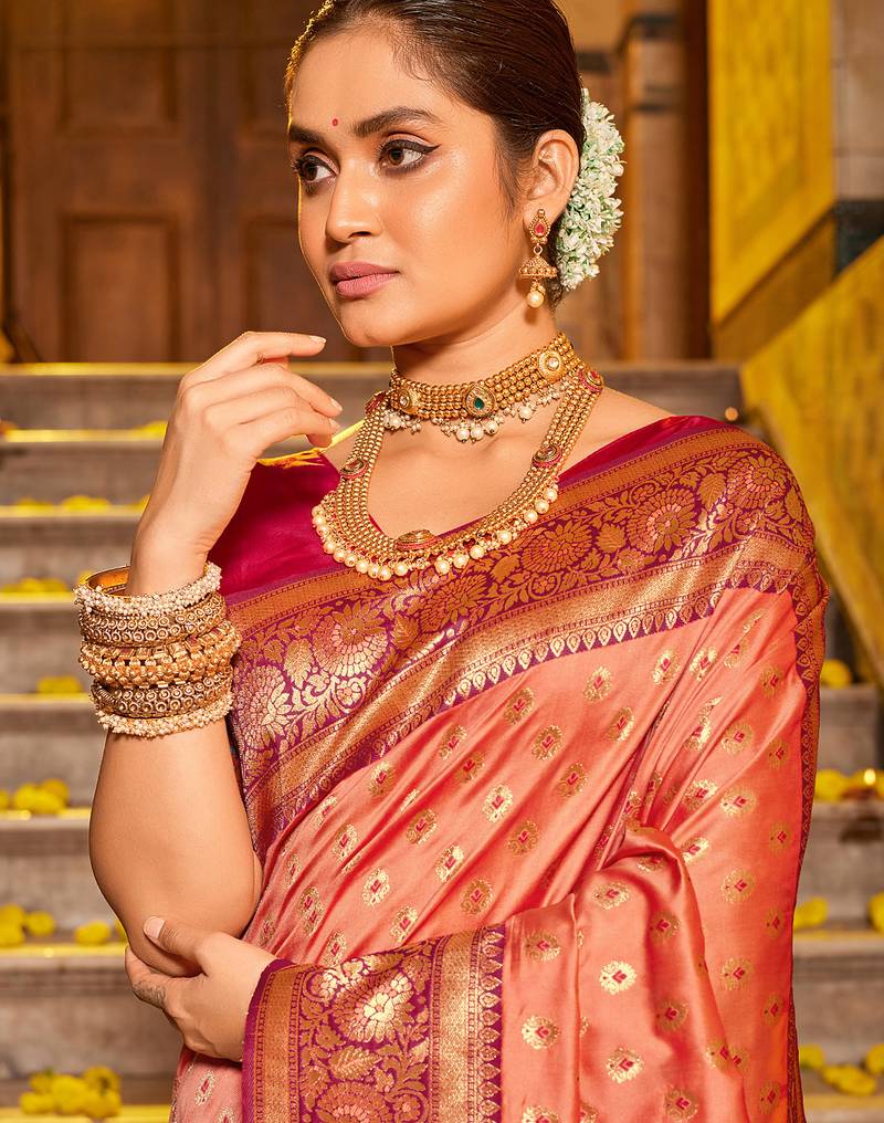 Majestic peach kanjivaram silk blend saree | bridal heritage collection | limited edition