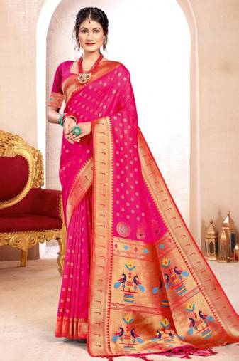 Pink kanjivaram silk blend saree with golden zari and colorful peacock woven pallu design