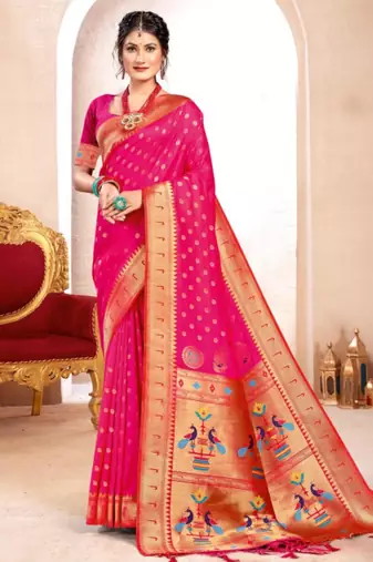 Pink kanjivaram silk blend saree with golden zari and colorful peacock woven pallu design