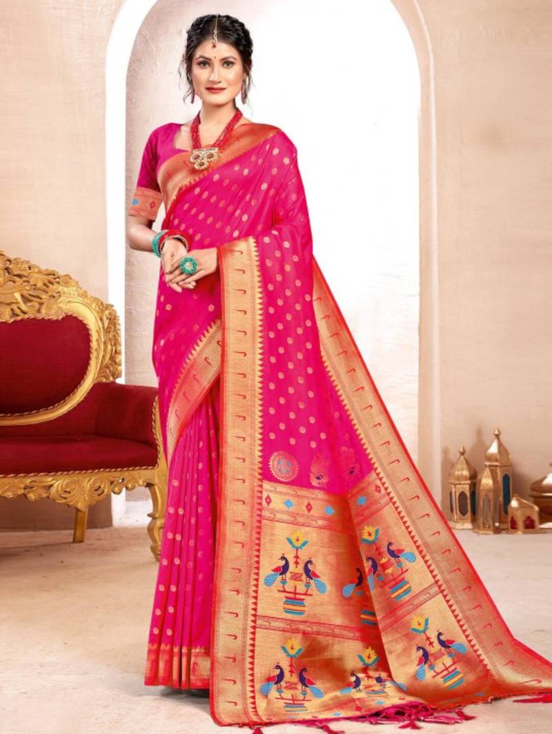 Pink kanjivaram silk blend saree with golden zari and colorful peacock woven pallu design