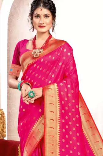 Pink kanjivaram silk blend saree with golden zari and colorful peacock woven pallu design