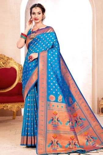 Blue kanjivaram silk blend saree with golden zari and colorful peacock woven pallu design
