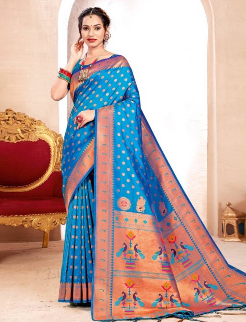 Blue kanjivaram silk blend saree with golden zari and colorful peacock woven pallu design