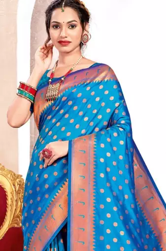 Blue kanjivaram silk blend saree with golden zari and colorful peacock woven pallu design