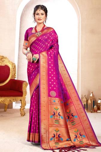 Purple kanjivaram silk blend saree with golden zari and colorful peacock woven pallu design
