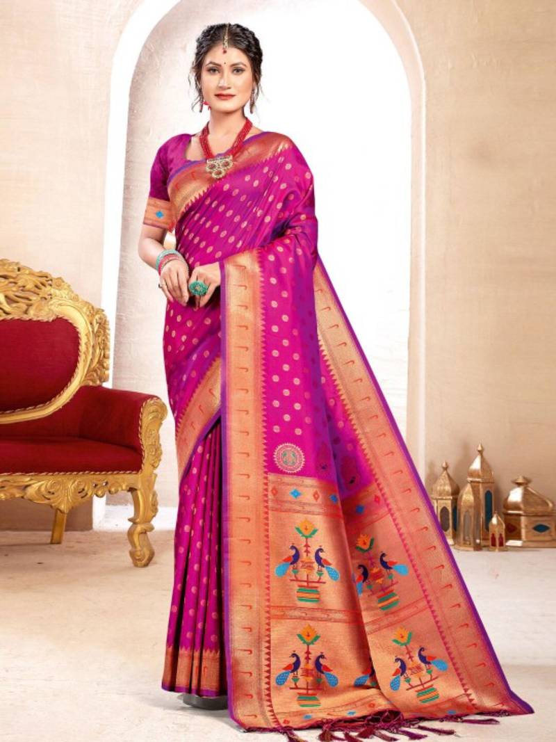 Purple kanjivaram silk blend saree with golden zari and colorful peacock woven pallu design