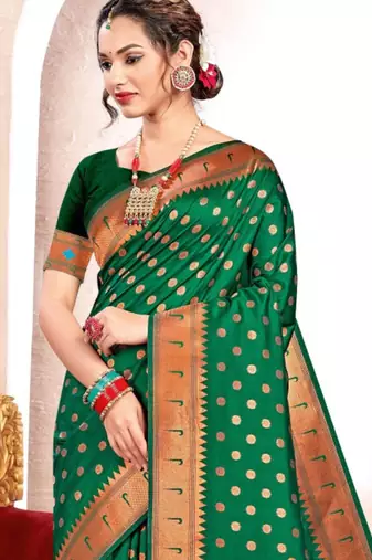 Green kanjivaram silk blend saree with golden zari and colorful peacock woven pallu design