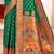 Green kanjivaram silk blend saree with golden zari and colorful peacock woven pallu design