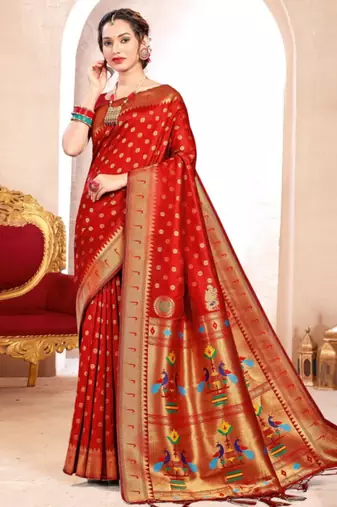 Red kanjivaram silk blend saree with golden zari and colorful peacock woven pallu design