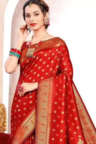 Red kanjivaram silk blend saree with golden zari and colorful peacock woven pallu design