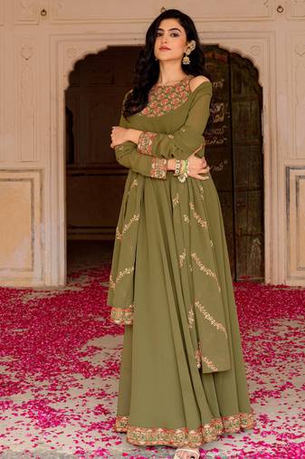 Green Embroidered Georgette Gown With Dupatta